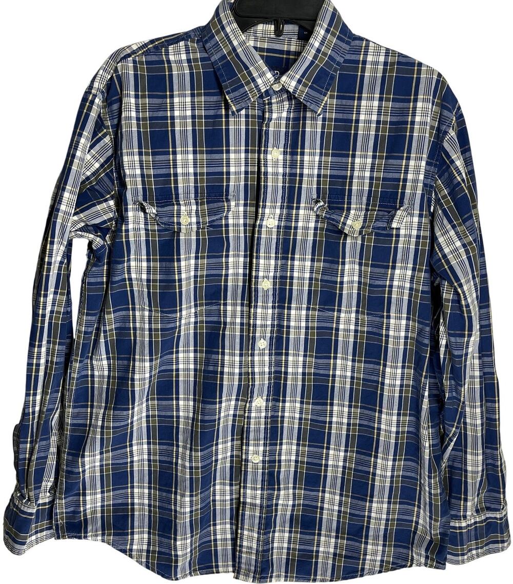 IZOD Shirt Men Size M Blue Plaid Button Up Long Sleeve Pocket 100 Cotton Casual